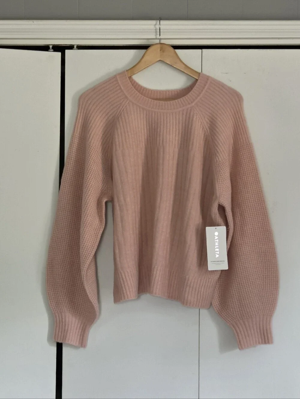 Athleta Blush Ribbed Crewneck Sweater with Balloon Sleeves